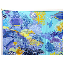 Hermès-NINE RARE HERMES SCARF UNDER THE WAVES ALICE SHIRLEY BLUE SILK BOX NEW SCARF-Blue
