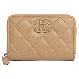 Chanel-Chanel Lambskin Matelassé Camellia Coin Case-Brown,Beige