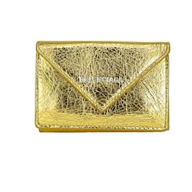 Balenciaga-Balenciaga Leather Mini Wallet Trifold-Golden,Metallic