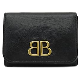 Balenciaga-Portefeuille Tri-Fold en Agneau Balenciaga Monaco Logo BB Mini-Noir