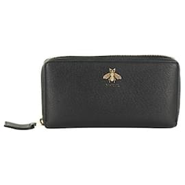 Gucci-Carteira zíper em couro Animalier com abelha de metal Gucci-Preto