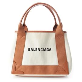 Balenciaga-Balenciaga Cabas XS 2way en toile et cuir marine-Marron,Beige