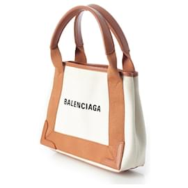 Balenciaga-Balenciaga Cabas XS 2way en toile et cuir marine-Marron,Beige