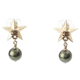 Chanel-Chanel Coco Mark Star Drop Pearl Earrings-Golden,Metallic
