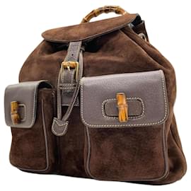 Gucci-Gucci Bamboo Backpack in Brown Suede and Leather-Brown