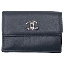 Chanel-Chanel Coco Mark Black Silver Leather Tri-fold Wallet-Black,Silvery