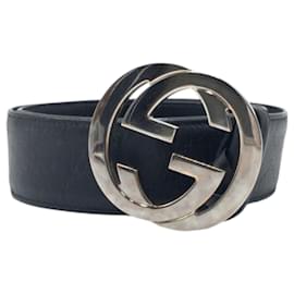 Gucci-Cinto de couro preto e prata interligado G da Gucci-Preto,Prata