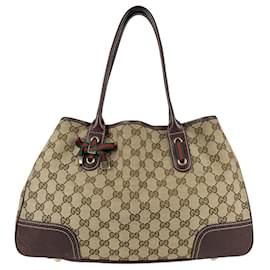 Gucci-Gucci Beige and Brown GG Canvas Leather Handbag Tote-Brown,Beige