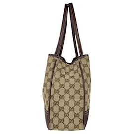 Gucci-Gucci Beige and Brown GG Canvas Leather Handbag Tote-Brown,Beige