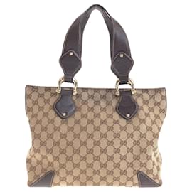 Gucci-Gucci Beige and Brown GG Canvas Leather Tote Bag-Brown,Beige