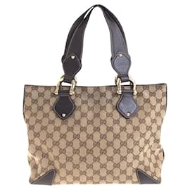 Gucci-Gucci Beige and Brown GG Canvas Leather Tote Bag-Brown,Beige