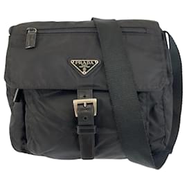 Prada-Prada Tessuto Triangle Logo Plate Shoulder Bag-Black