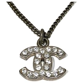 Chanel-CHANEL Rhinestone Coco Mark Accessory Necklace-Silvery
