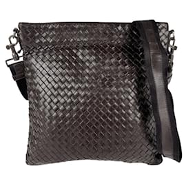 Bottega Veneta-Bottega Veneta Intrecciato Leather Canvas Shoulder Bag-Black,Dark brown