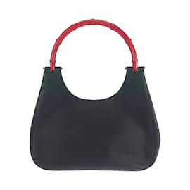 Gucci-Gucci Bamboo Black Red Leather Shoulder Bag-Black,Red