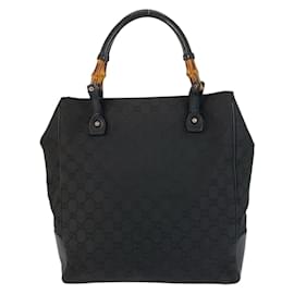 Gucci-Gucci Bamboo Black GG Canvas Leather Tote Bag-Black