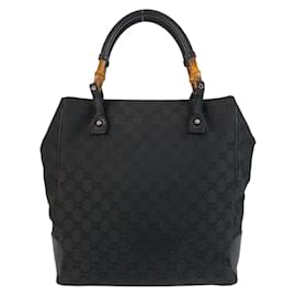 Gucci-Gucci Bamboo Black GG Canvas Leather Tote Bag-Black