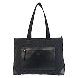 Gucci-Gucci Black GG Canvas Leather Tote Bag-Black