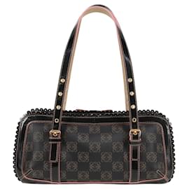 Loewe-LOEWE Anagram Hand Bag PVC Leather Black Gold Auth 119367A-Black,Golden