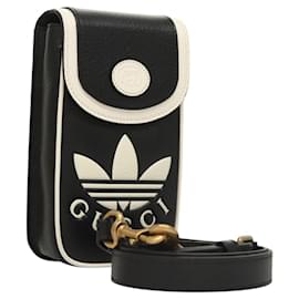 Gucci-GUCCI Adidas Collaboration Shoulder Bag Leather Black Gold Auth bs24542-Black,Golden