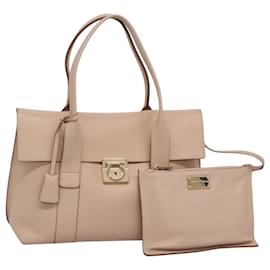 Salvatore Ferragamo-Salvatore Ferragamo Gancini Hand Bag Leather Beige Gold Auth 120197-Beige,Golden