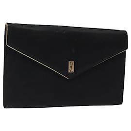 Saint Laurent-SAINT LAURENT Clutch Bag Satin Black Gold Auth bs24668-Black,Golden