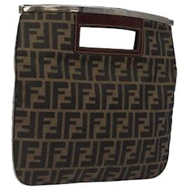 Fendi-FENDI Zucca Canvas Hand Bag Black Brown Silver Auth 120228-Brown,Black,Silvery