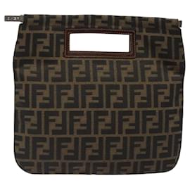 Fendi-FENDI Zucca Canvas Hand Bag Black Brown Silver Auth 120228-Brown,Black,Silvery