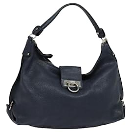 Salvatore Ferragamo-Salvatore Ferragamo Gancini Shoulder Bag Leather Navy Silver Auth 119313-Silvery,Navy blue