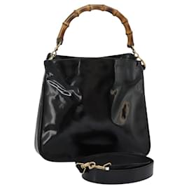 Gucci-GUCCI Bamboo Hand Bag Enamel 2way Black Gold 001 1705 1638 Auth bs24597-Black,Golden