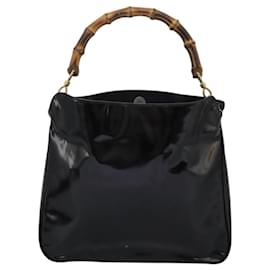 Gucci-GUCCI Bamboo Hand Bag Enamel 2way Black Gold 001 1705 1638 Auth bs24597-Black,Golden