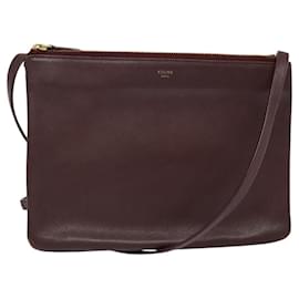 Céline-CELINE Trio Shoulder Bag Leather Bordeaux Gold Auth 119574-Golden,Dark red