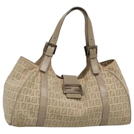 Fendi-FENDI Zucchino Canvas Shoulder Bag Beige Silver Auth 120253-Silvery,Beige