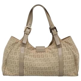 Fendi-FENDI Zucchino Canvas Shoulder Bag Beige Silver Auth 120253-Silvery,Beige