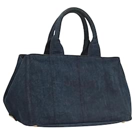 Prada-PRADA Canapa MM Hand Bag Denim Blue Gold Auth 119737-Blue,Golden