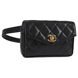 Chanel-CHANEL Matelasse Waist bag Caviar Skin Black Gold CC Auth 119405-Black,Golden