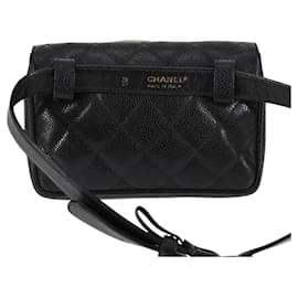 Chanel-CHANEL Matelasse Waist bag Caviar Skin Black Gold CC Auth 119405-Black,Golden