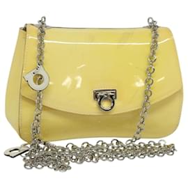 Salvatore Ferragamo-Salvatore Ferragamo Gancini Chain Shoulder Bag Enamel Yellow Silver Auth bs24676-Silvery,Yellow