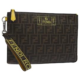Fendi-FENDI Zucca Canvas Clutch Bag PVC Brown Gold Auth 120136-Brown,Golden