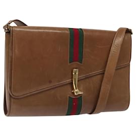 Gucci-GUCCI Web Sherry Line Shoulder Bag Leather Brown Gold Auth BA1224-Brown,Golden