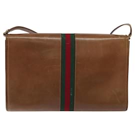 Gucci-GUCCI Web Sherry Line Shoulder Bag Leather Brown Gold Auth BA1224-Brown,Golden