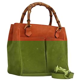 Gucci-GUCCI Bamboo Hand Bag Suede 2way Orange Gold 000 123 0316 Auth 118353-Golden,Orange