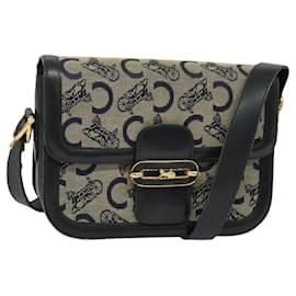 Céline-CELINE C Sulky Shoulder Bag Canvas Navy Gold Auth BA1378-Golden,Navy blue