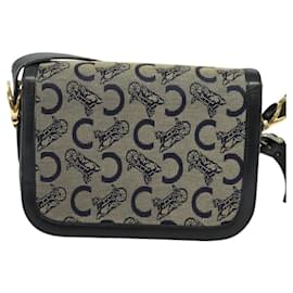 Céline-CELINE C Sulky Shoulder Bag Canvas Navy Gold Auth BA1378-Golden,Navy blue