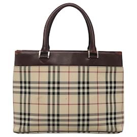 Burberry-BURBERRY Nova Check Hand Bag Nylon Beige Silver Auth 120399-Silvery,Beige