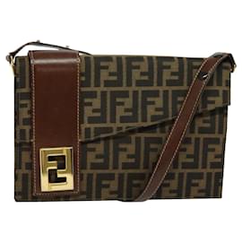Fendi-FENDI Zucca Canvas Shoulder Bag Brown Black gold Auth 118127-Brown,Black,Golden