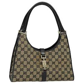 Gucci-GUCCI GG Canvas Jackie Hand Bag Black Gold 002 1067 Auth 119647-Black,Golden