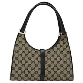 Gucci-GUCCI GG Canvas Jackie Hand Bag Black Gold 002 1067 Auth 119647-Black,Golden