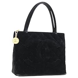 Chanel-CHANEL Standard Tote Bag Velor Black Gold CC Auth 119371-Black,Golden