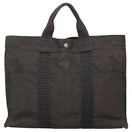 Hermès-HERMES Sac Tote Her Line MM Toile Gris Argent Auth bs24609-Marron,Argenté